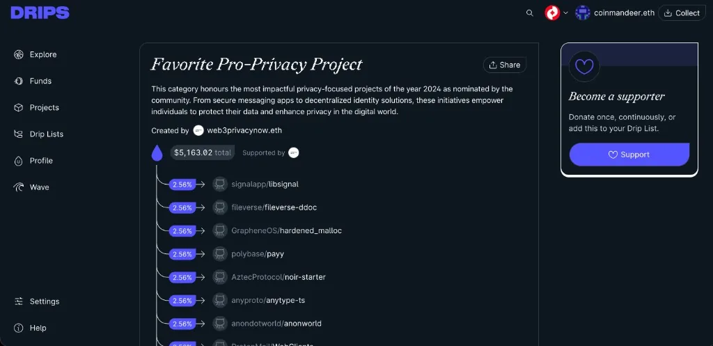 Drips for Privacy list view