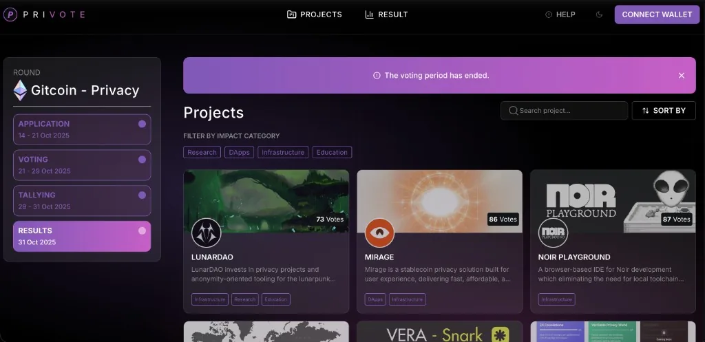 Gitcoin Privacy Round projects view